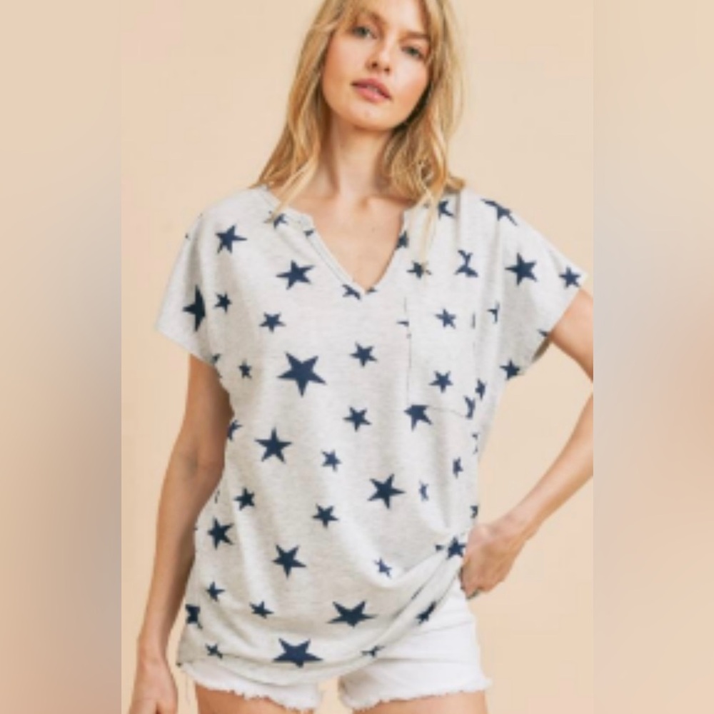 NWOT First Love Star Print Split Neck Top Size L